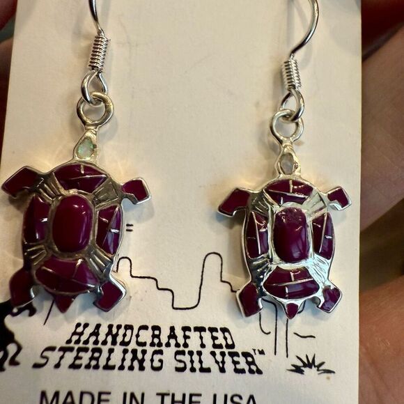 Navajo Made Mojave Purple Turquoise & Opal Turtle Sterling Silver Earrings New - Picture 3 of 5